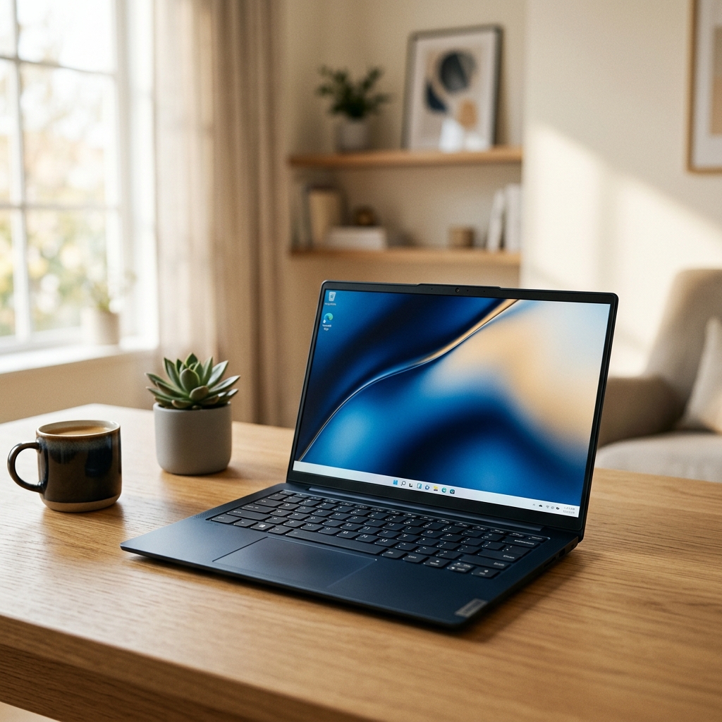 Notebook Lenovo Yoga Slim 7x aberto sobre uma mesa de madeira em um escritorio minimalista moderno com iluminacao natural suave.