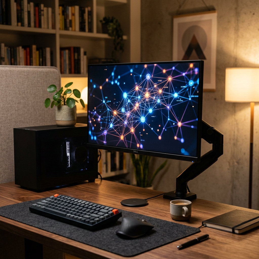Computador de mesa exibindo graficos de rede neural em uma mesa de trabalho organizada, representando o processamento local de inteligencia artificial.