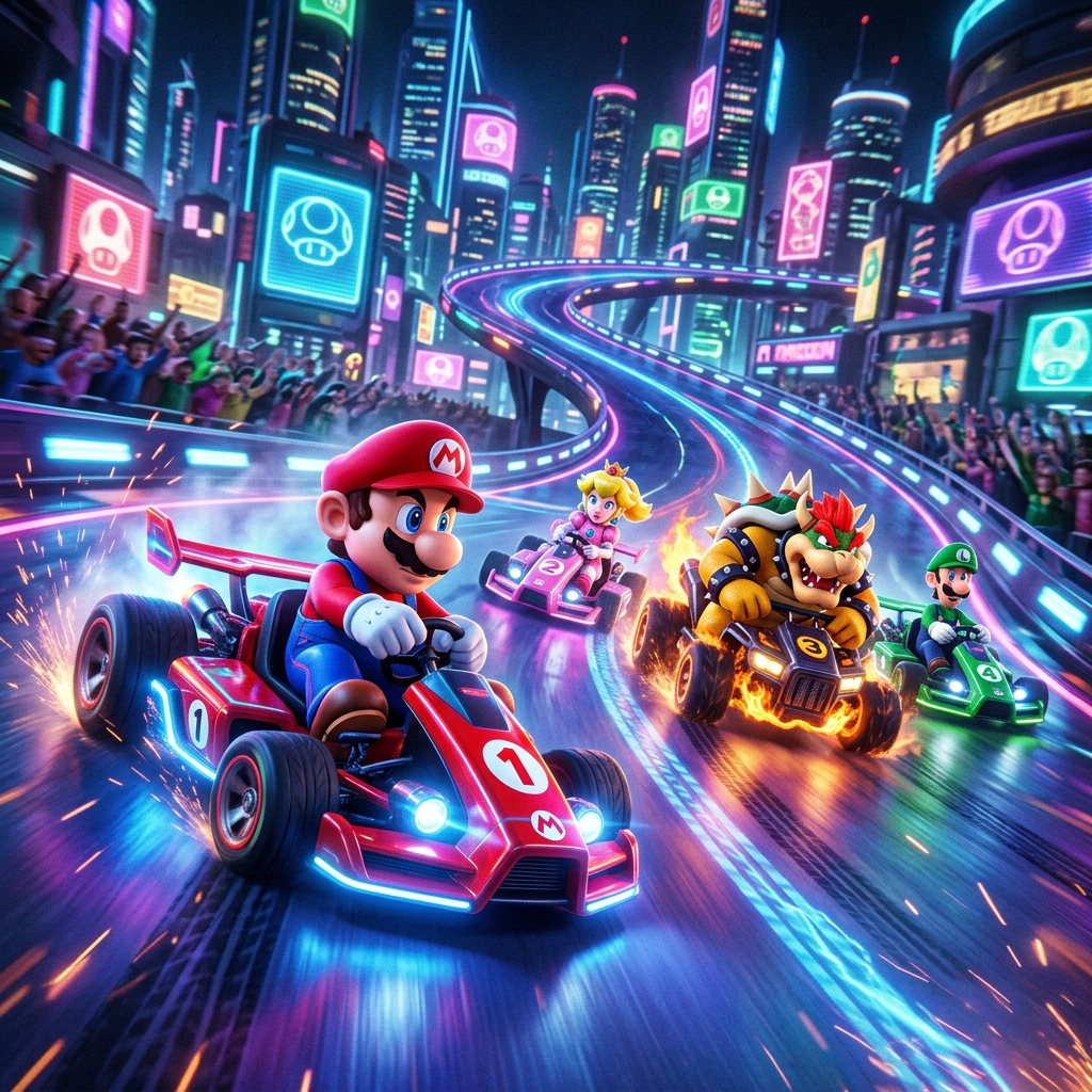 Cena de corrida futurista de Mario Kart com personagens iconicos em alta velocidade, destacando graficos avancados no Nintendo Switch 2.