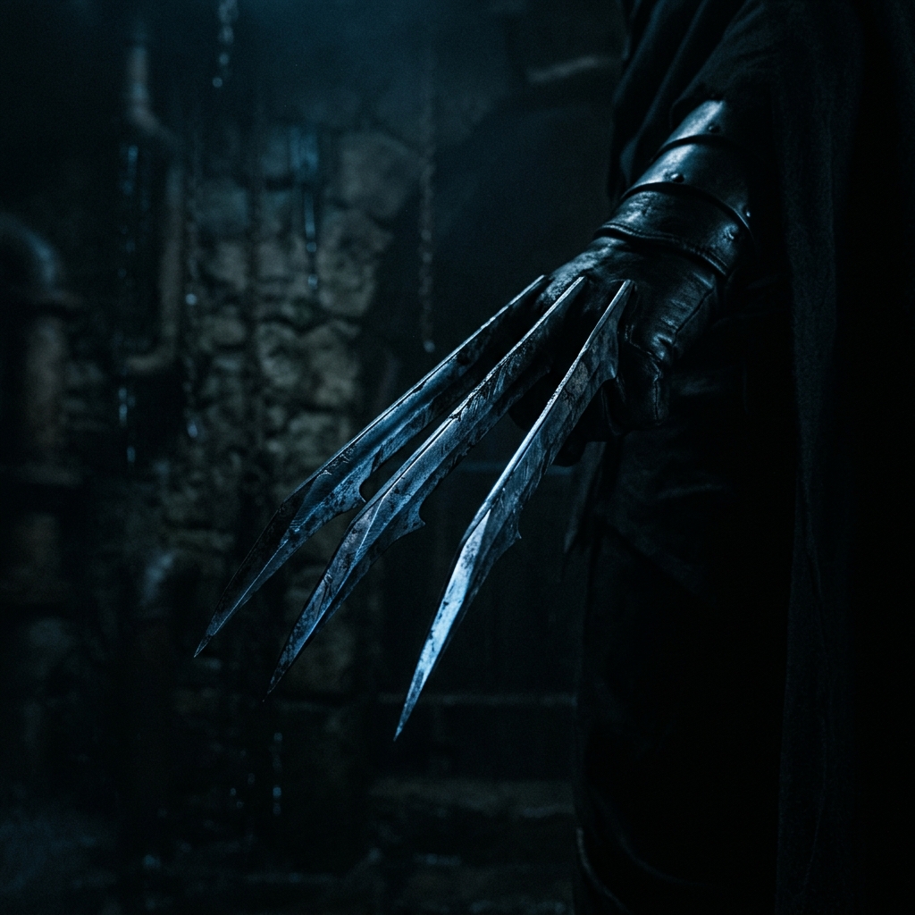 As garras de adamantium do Wolverine, brilhando levemente em azul, com um fundo escuro e denso, evocando a intensidade do personagem.