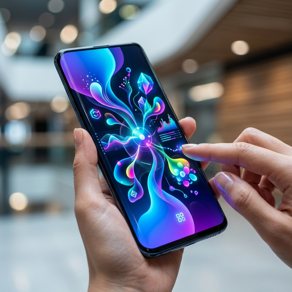 Interface de usuario adaptativa com cores dinamicas e elementos fluidos, representando o Material You 3 em diferentes dispositivos como smartphones, tablets e oculos de IA.