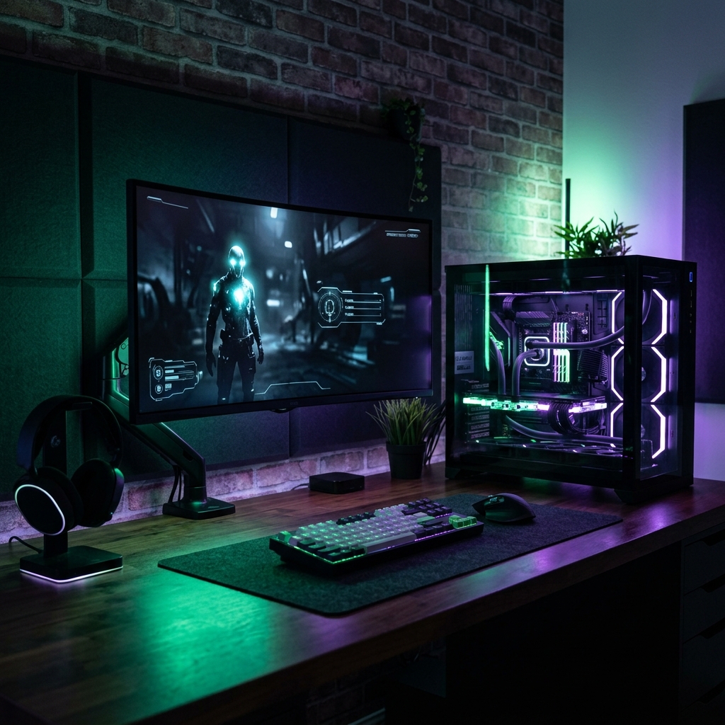 Setup de PC gamer de alta performance com iluminacao suave em tons de verde e roxo, focado em minimalismo.