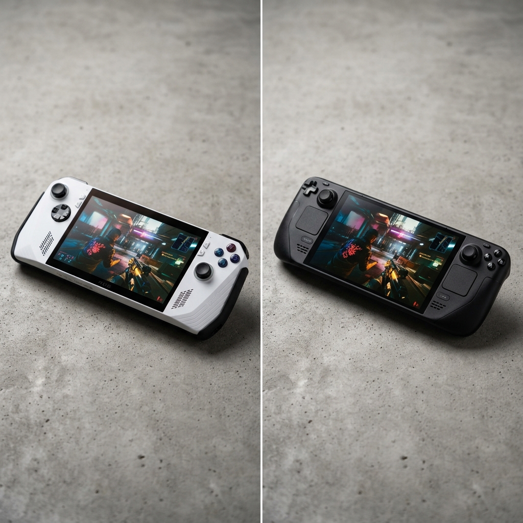 Comparativo entre os consoles portateis ASUS ROG Ally e Steam Deck OLED lado a lado em uma mesa de concreto.