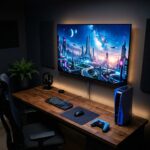 Uma foto editorial de um setup de videogame moderno em um quarto com iluminacao suave, mostrando um controle e uma tela com um jogo de mundo aberto futurista de fundo.