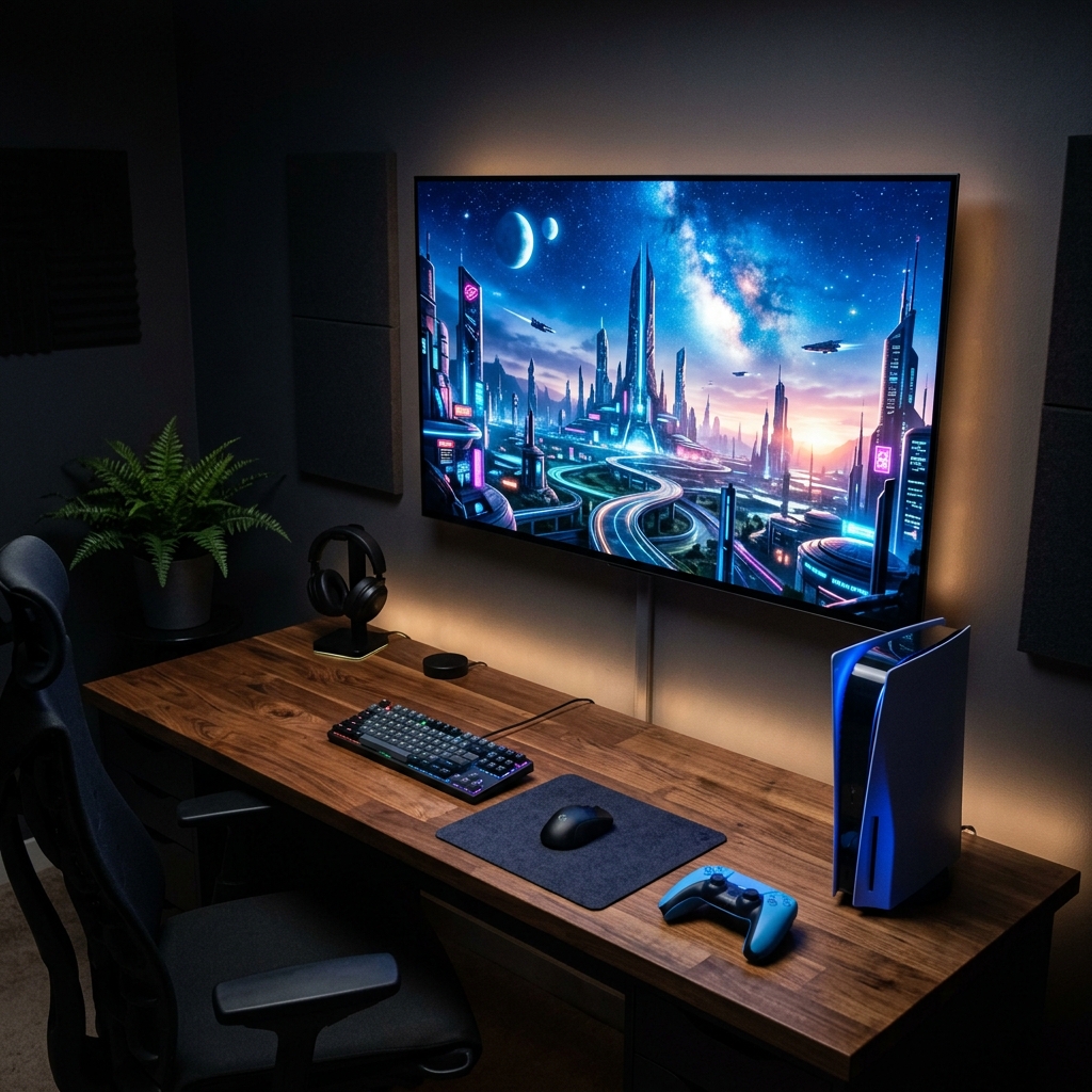 Uma foto editorial de um setup de videogame moderno em um quarto com iluminacao suave, mostrando um controle e uma tela com um jogo de mundo aberto futurista de fundo.