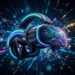 Imagem de um headset de realidade virtual moderno e futurista, com detalhes brilhantes e reflexos de um ambiente digital, simbolizando a proxima geracao de VR.