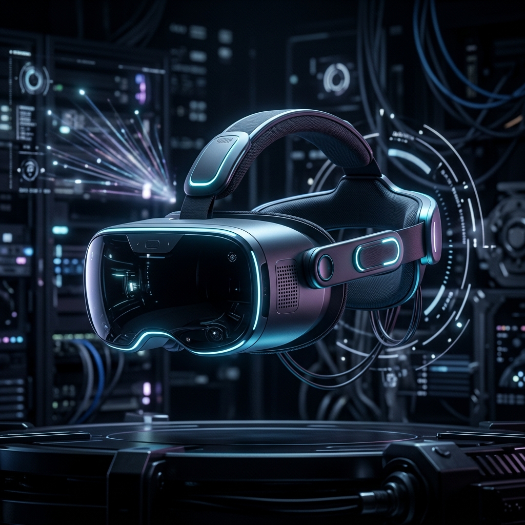 Um headset de realidade virtual moderno e elegante, com luzes sutis, em um ambiente futurista escuro, simbolizando inovacao e alta tecnologia.