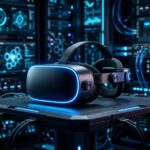 Um headset de realidade virtual futurista, com design elegante e minimalista, emitindo luzes azuis, sobre um fundo escuro e de alta tecnologia.