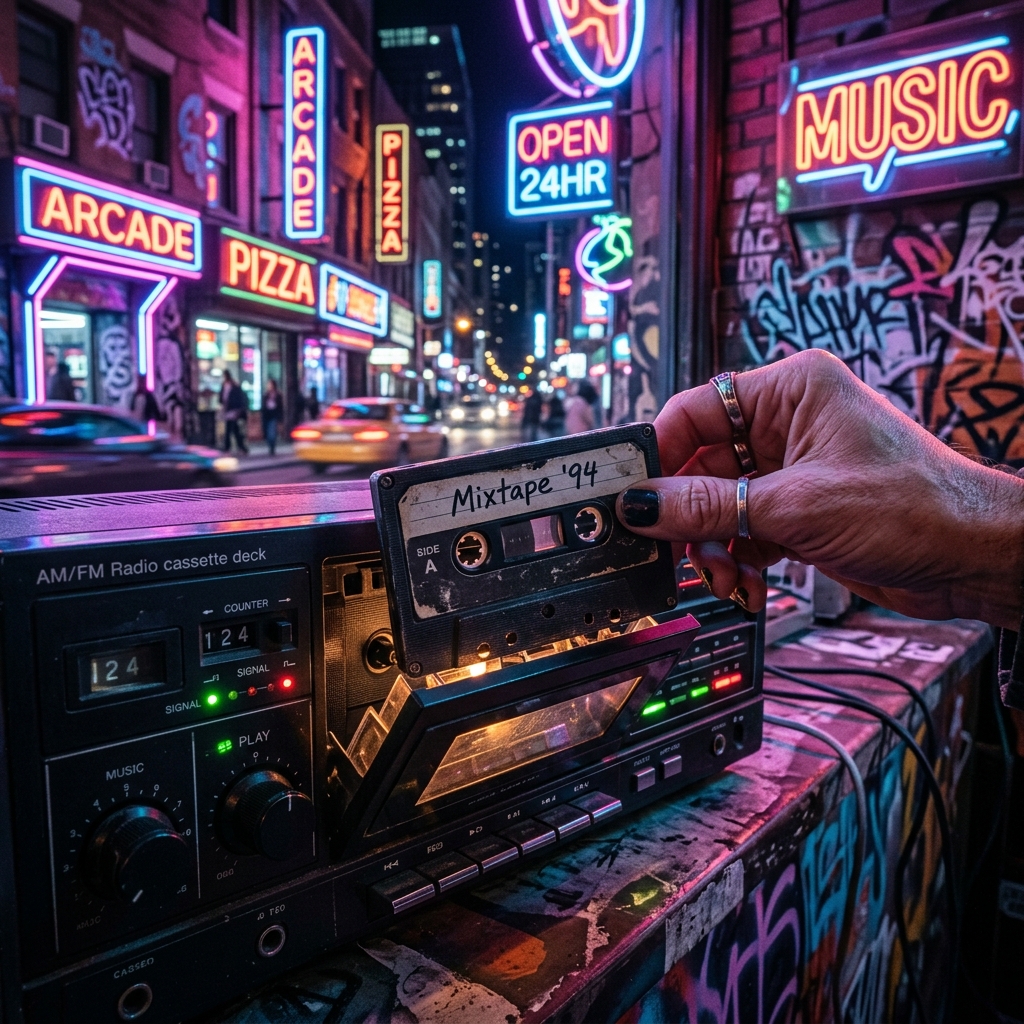 Uma fita cassete antiga sendo inserida em um aparelho de som, com jovens em atividades nostalgicas ao fundo, evocando a cultura jovem dos anos 90.