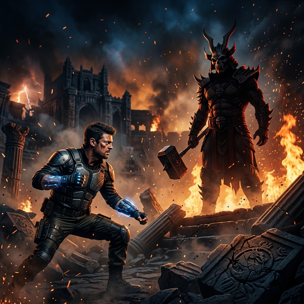 Johnny Cage e Kitana em posicao de luta, com um cenario de batalha sombrio ao fundo, representando o novo foco de Mortal Kombat 2.