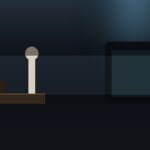 Mesa em clima noir com silhueta de detetive, tela portatil e iluminacao verde sugerindo jogo em nuvem.