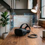 Dispositivo de realidade virtual sobre uma mesa com interfaces tridimensionais abstratas brilhando ao redor em estilo conceitual