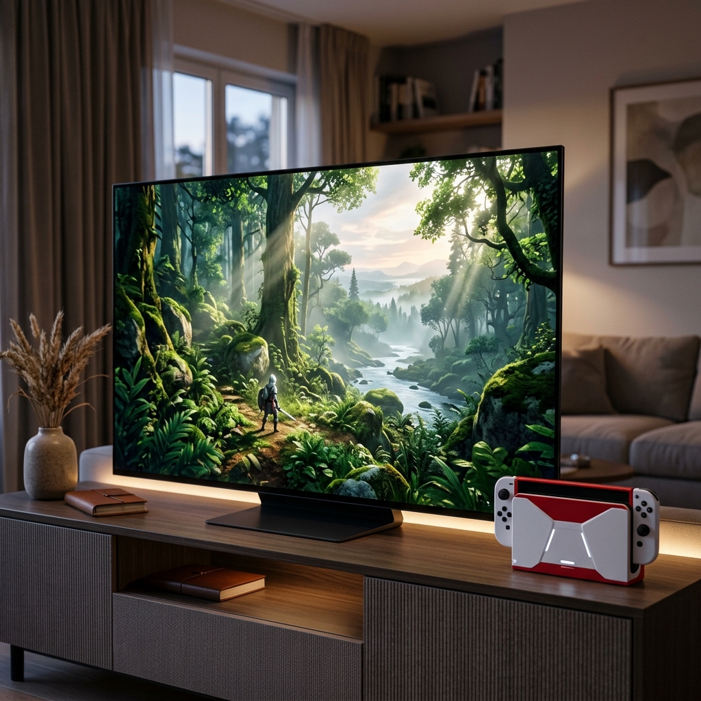 Um console Nintendo Switch 2 elegante, branco e vermelho, conectado a uma TV que exibe um jogo com graficos vibrantes e alta resolucao, sugerindo qualidade 4K. Reflexos sutis na superficie do console.