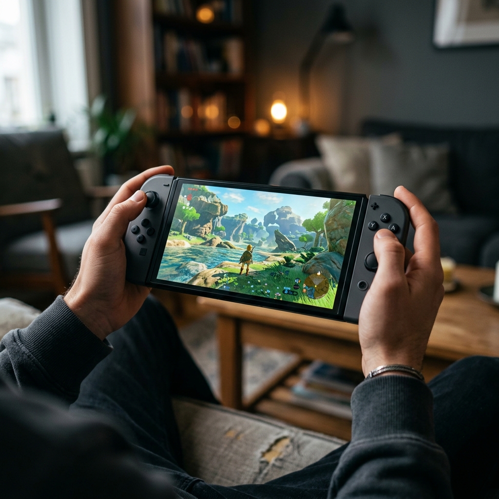 Um console Nintendo Switch 2 rodando um jogo do Switch original com graficos aprimorados, exibindo cores vibrantes e desempenho fluido. Maos de um jogador seguram os novos Joy-Cons.