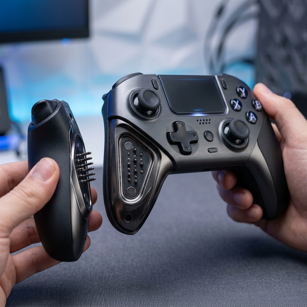 Controle de videogame moderno se desencaixando com conexao magnetica em fundo neutro