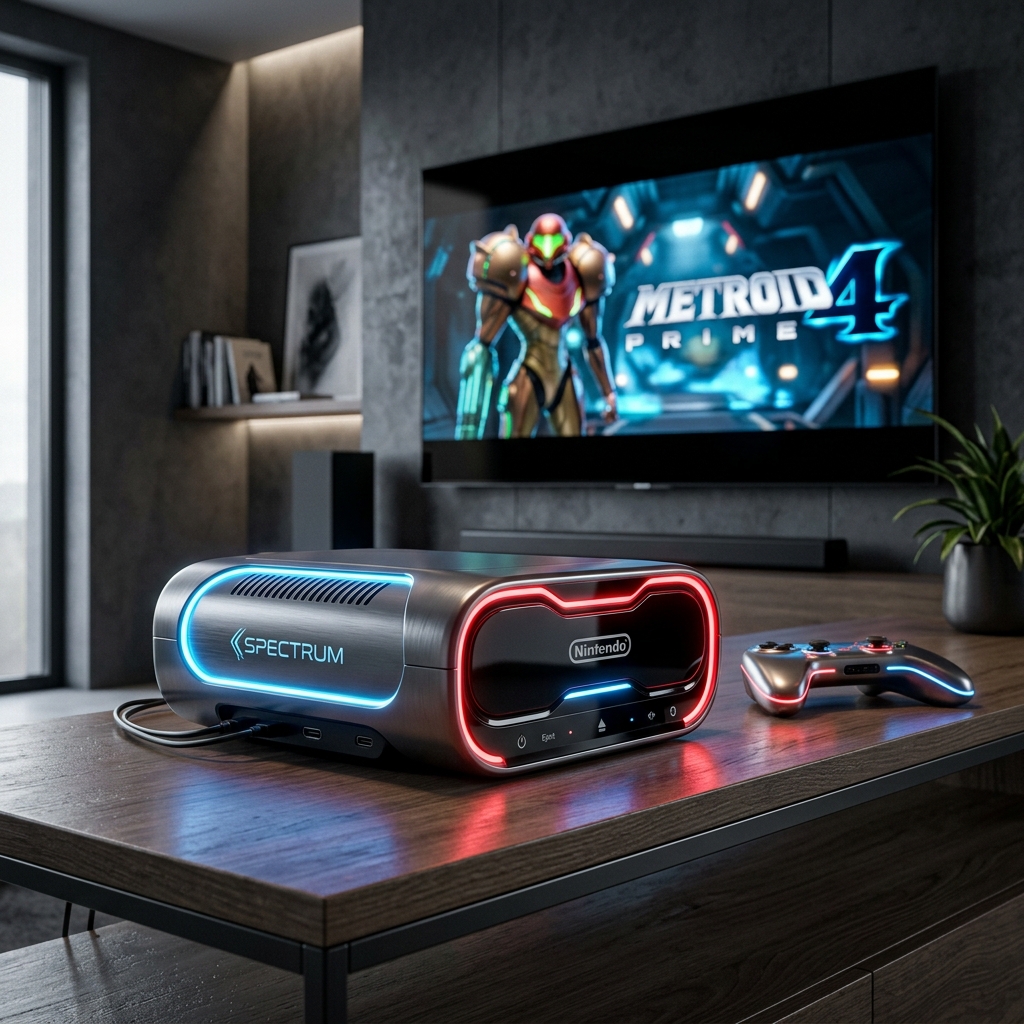 Conceito de design do suposto Nintendo Switch 2 Pro em uma sala moderna.