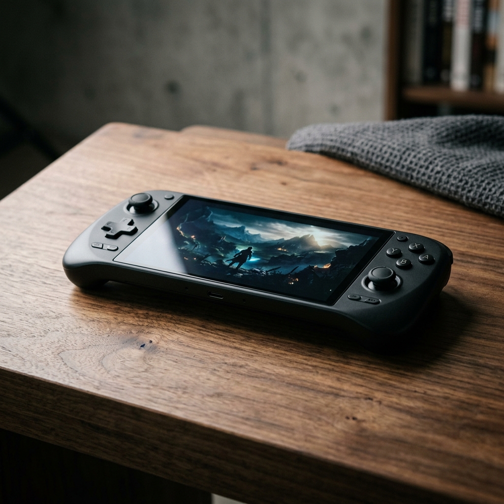 Console de videogame portatil moderno deitado sobre uma mesa de madeira com iluminacao de estudio suave