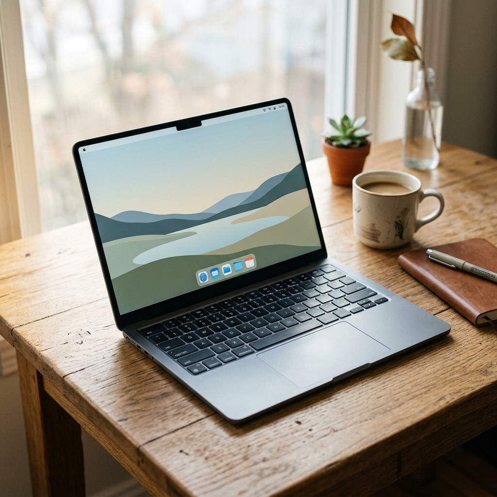 Notebook moderno ultrafino sobre uma mesa de madeira em ambiente iluminado.