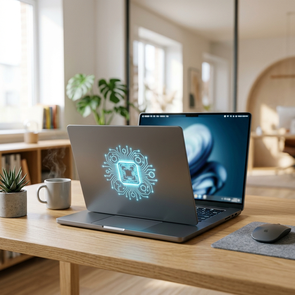 Notebook moderno sobre uma mesa de madeira em um escritorio iluminado, destacando o design minimalista e a tecnologia de ponta.