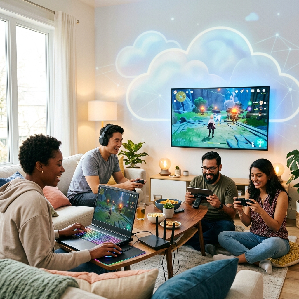 Jogadores de diferentes idades e generos, cada um usando um dispositivo diferente (notebook, smartphone, tablet, TV), jogando o mesmo jogo online. Um ceu estilizado com nuvens digitais ao fundo, representando a tecnologia de jogos em nuvem. Controles de videogame e teclados estao visiveis, simbolizando a diversidade de plataformas. A imagem transmite uniao e acessibilidade no mundo dos games.