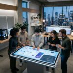 Equipe de designers e desenvolvedores colaborando em um Design System futurista, com componentes de UI em uma tela grande, simbolizando eficiencia e inovacao.
