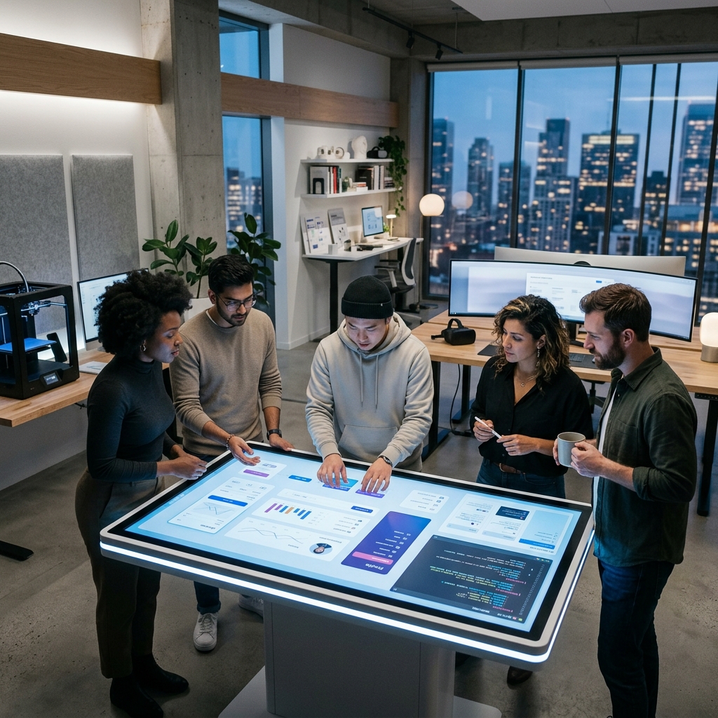 Equipe de designers e desenvolvedores colaborando em um Design System futurista, com componentes de UI em uma tela grande, simbolizando eficiencia e inovacao.
