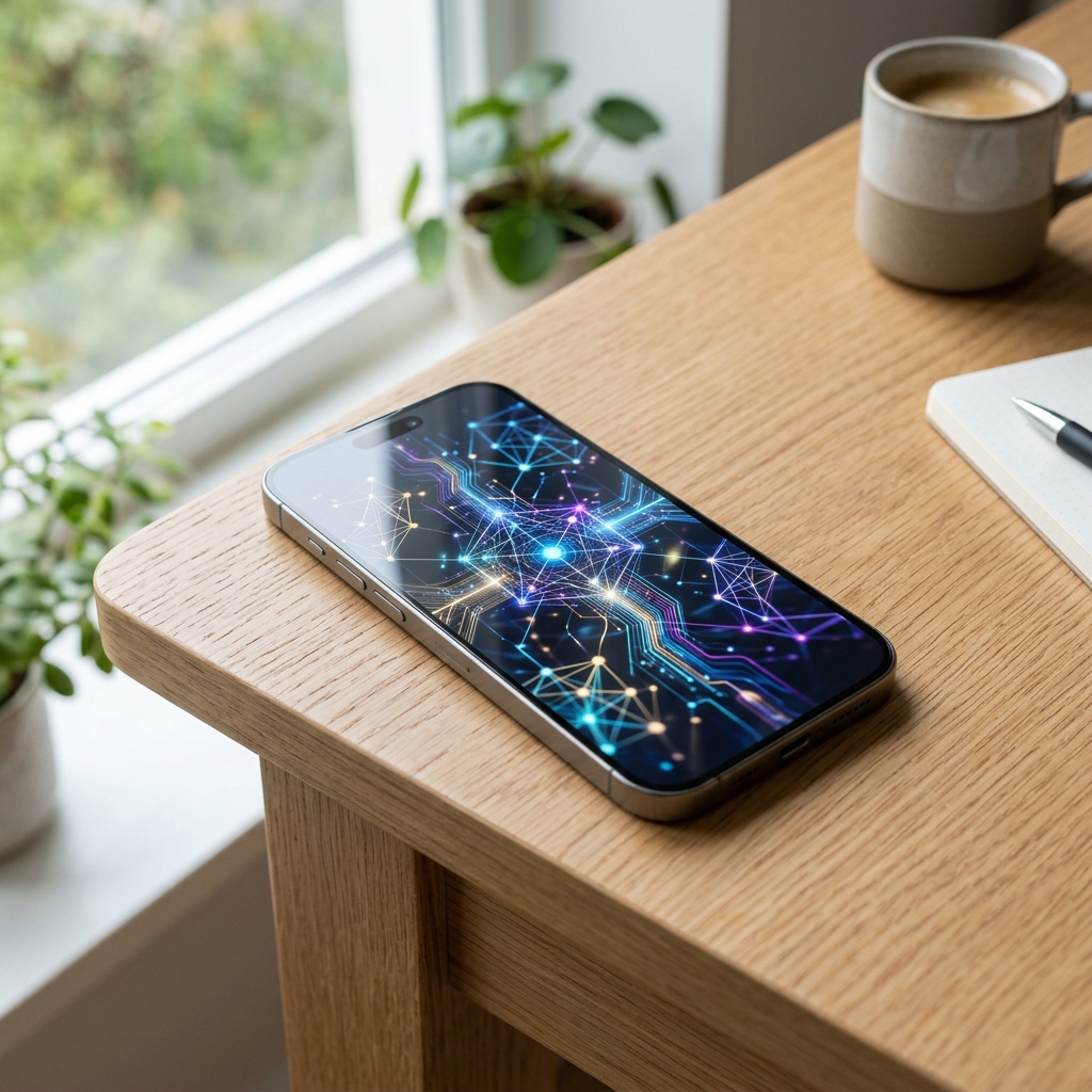 iPhone moderno sobre uma mesa de madeira minimalista exibindo uma interface conceitual de inteligencia artificial na tela.
