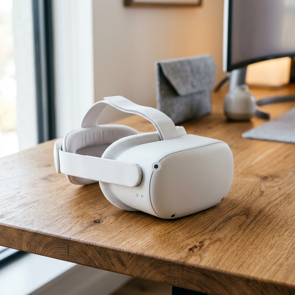 Oculos de realidade virtual Meta Quest 3S posicionado sobre uma mesa de madeira clara com iluminacao suave.