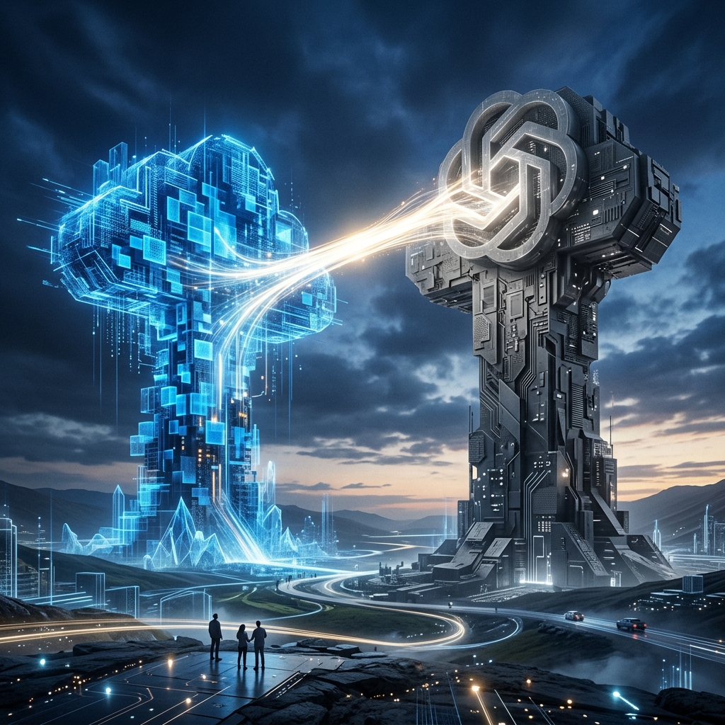 Duas nuvens de tecnologia distintas se conectando, com um elemento sutil da OpenAI, simbolizando a expansao da disponibilidade de modelos de IA para alem de um unico provedor.