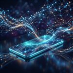 Representacao abstrata de agentes de IA interagindo com um smartphone, simbolizando a mudanca de paradigma do uso de aplicativos para a inteligencia artificial.