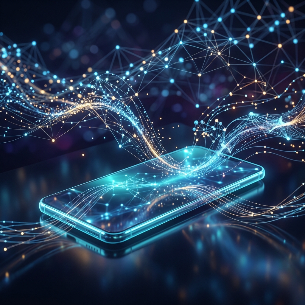 Representacao abstrata de agentes de IA interagindo com um smartphone, simbolizando a mudanca de paradigma do uso de aplicativos para a inteligencia artificial.