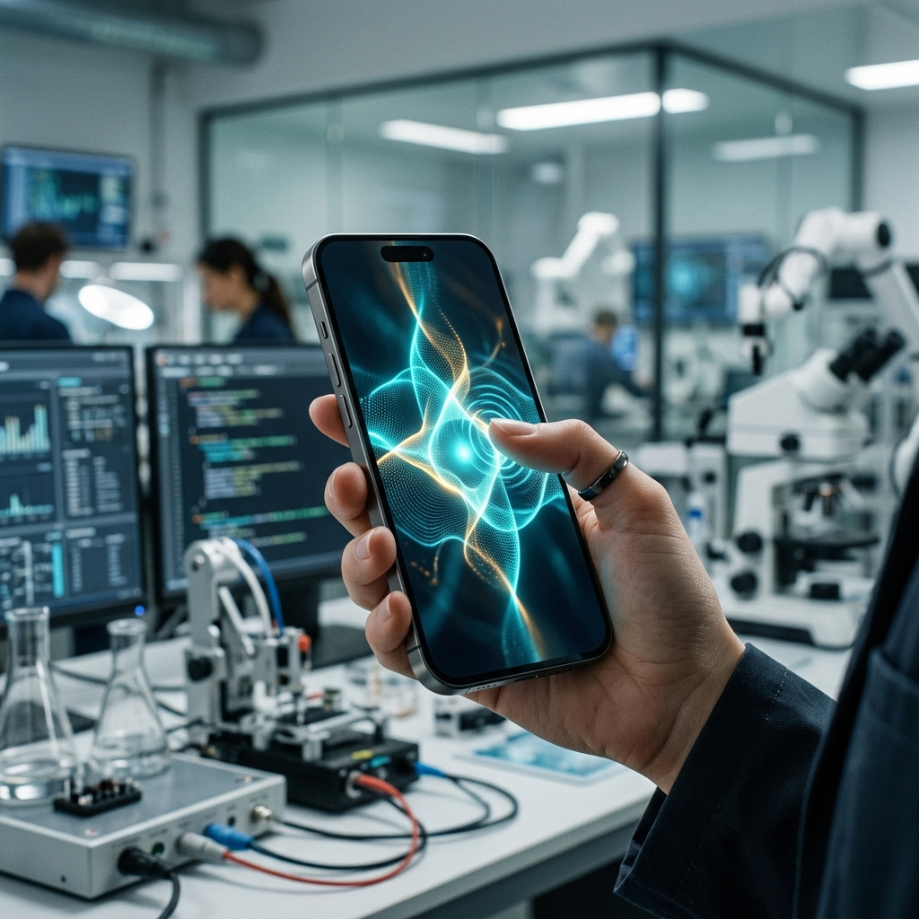 Representacao abstrata de agentes de IA interagindo com um smartphone, simbolizando a mudanca de paradigma do uso de aplicativos para a inteligencia artificial.