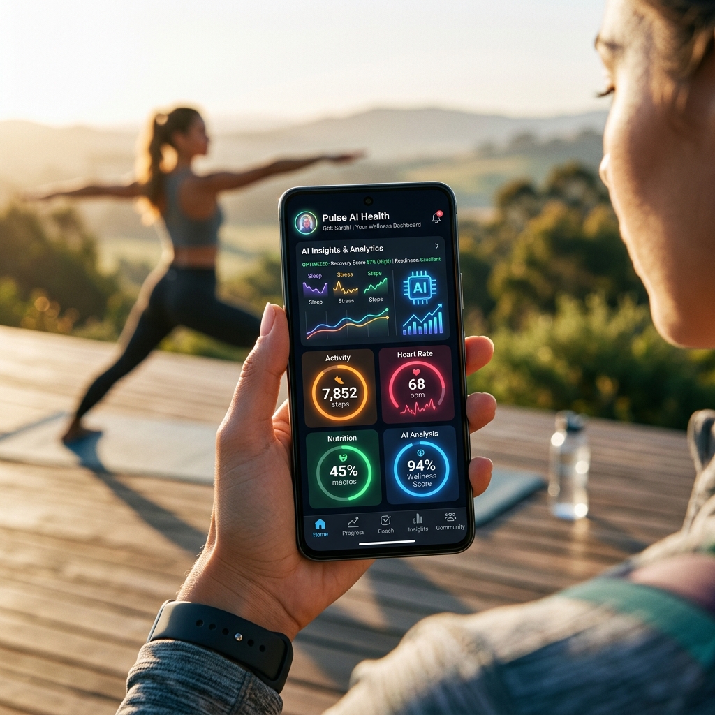 Uma pessoa observa dados de saude em uma interface holografica, segurando um smartphone, simbolizando o futuro dos apps de saude com IA.