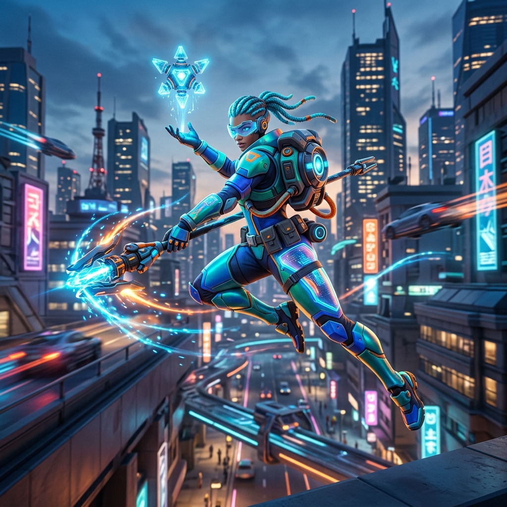 Nova heroina de Overwatch 2 em destaque, com um mapa futurista ao fundo, pronta para a acao da nova temporada.
