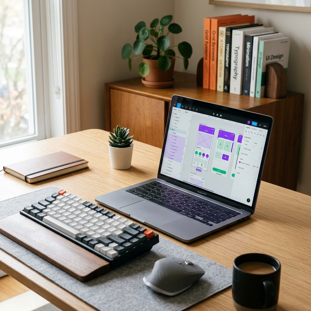 Espaco de trabalho moderno com notebook exibindo ferramenta de design de interface com elementos vetoriais.