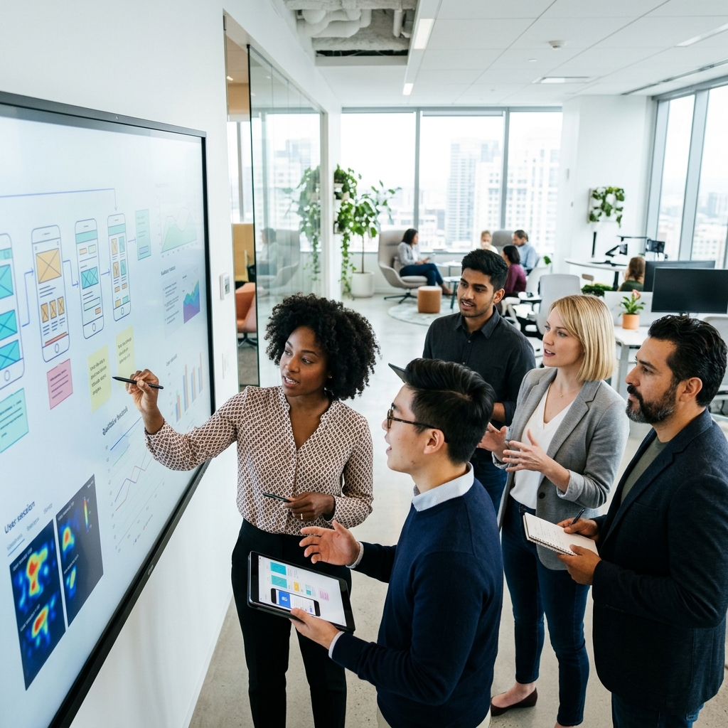 Equipe de pesquisadores de UX analisando dados em um ambiente de trabalho moderno, com telas interativas e tablets, simbolizando a colaboracao entre humanos e tecnologia na pesquisa de usuario.