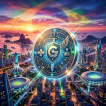 Moeda digital com elementos de jogo sobre um fundo de paisagem urbana futurista com cores do Brasil, simbolizando Play-to-Earn.