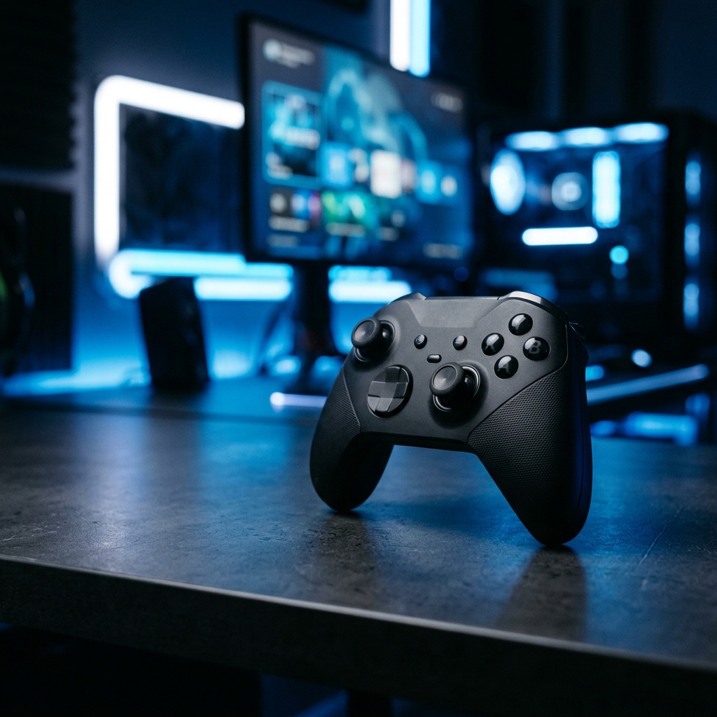 Controle de videogame moderno sobre uma superficie escura com iluminacao azul ao fundo em clima de expectativa.