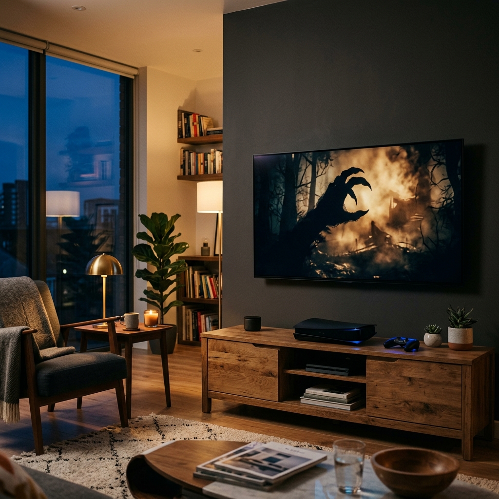 Uma sala de estar moderna com uma televisao mostrando a silhueta de um personagem misterioso com garras, destacando a expectativa para o State of Play.