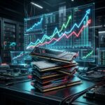 Modulos de memoria RAM DDR5 com graficos de precos em alta ao fundo, simbolizando a escassez e o alto custo no mercado de hardware.