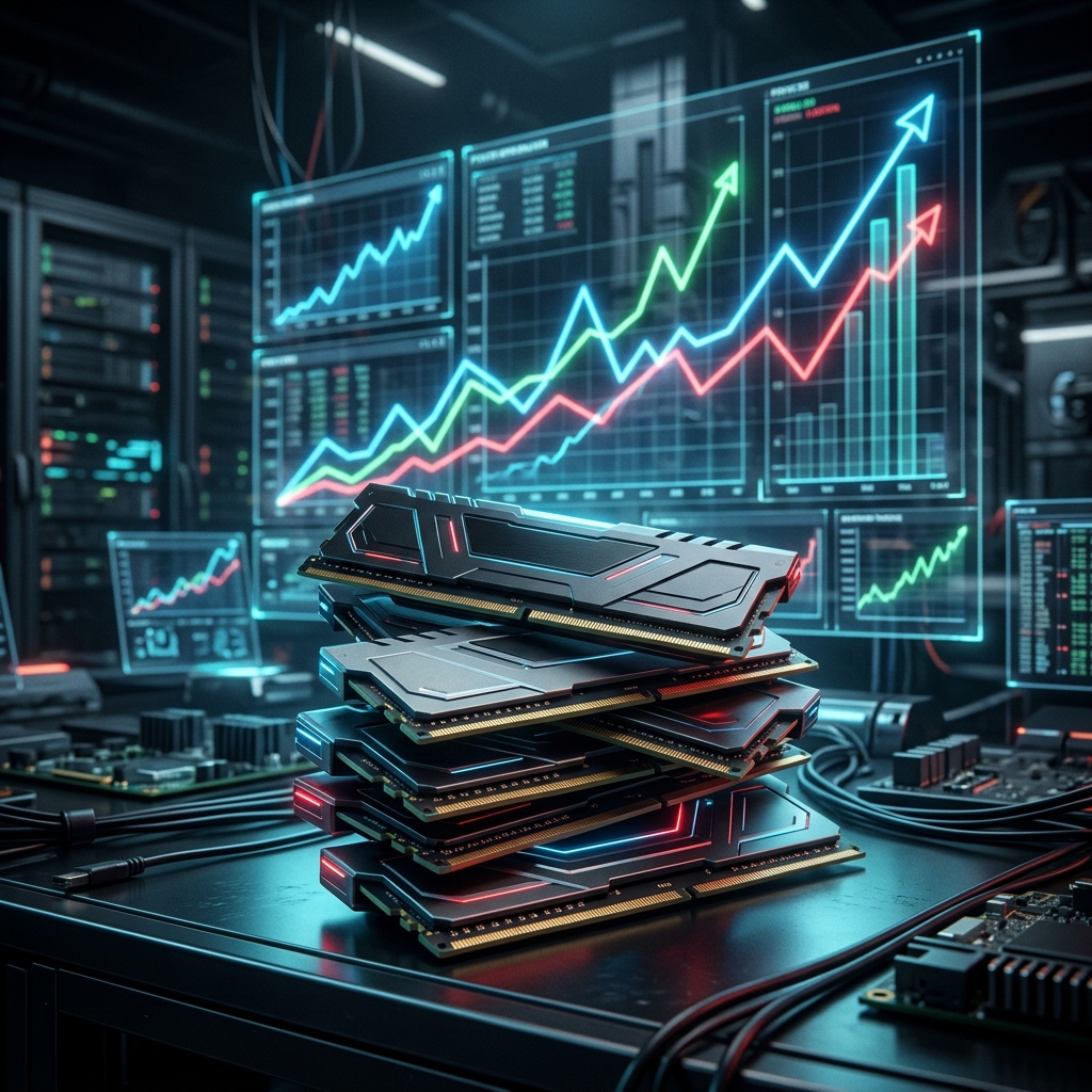 Modulos de memoria RAM DDR5 com graficos de precos em alta ao fundo, simbolizando a escassez e o alto custo no mercado de hardware.
