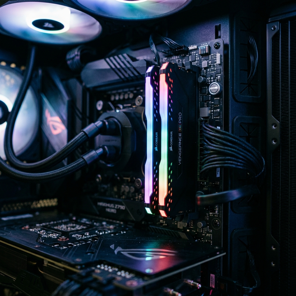 Modulos de memoria RAM instalados em uma placa-mae, com um brilho sutil, simbolizando tecnologia e alto valor.
