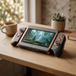 Console de videogame hibrido sobre uma mesa de madeira em estilo minimalista com iluminacao suave.