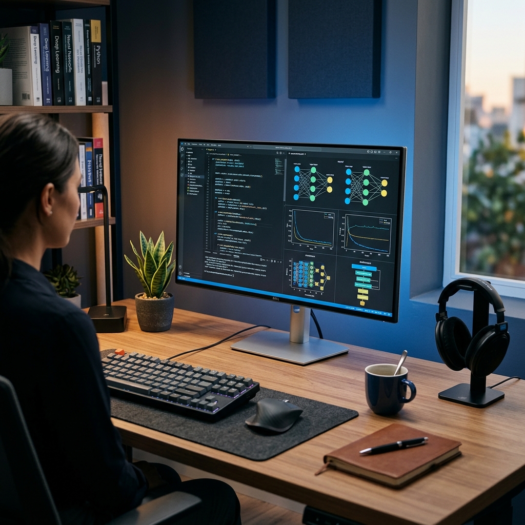 Computador moderno em uma mesa de trabalho rodando um programa de inteligencia artificial com graficos de rede neural na tela.