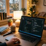 Laptop aberto em uma mesa de madeira mostrando linhas de codigo de programacao web com iluminacao aconchegante.