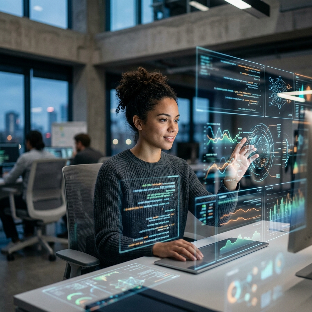 Uma pessoa focada trabalhando em um computador com elementos visuais de inteligencia artificial e dados flutuando, representando o aprendizado de Prompt Engineering.