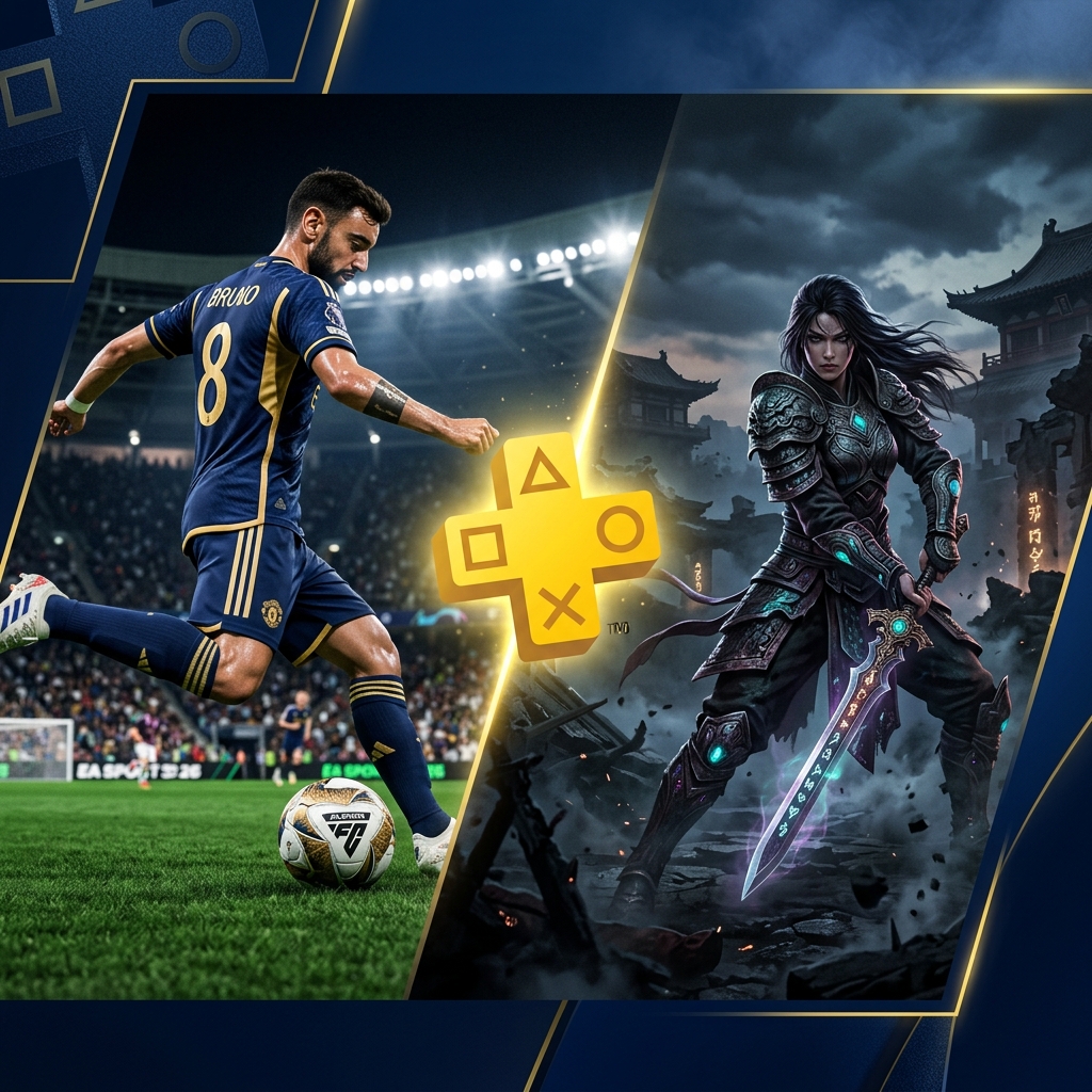 Imagem promocional dos jogos EA Sports FC 26 e Wuchang: Fallen Feathers, destaques do PS Plus Essential de maio de 2026.