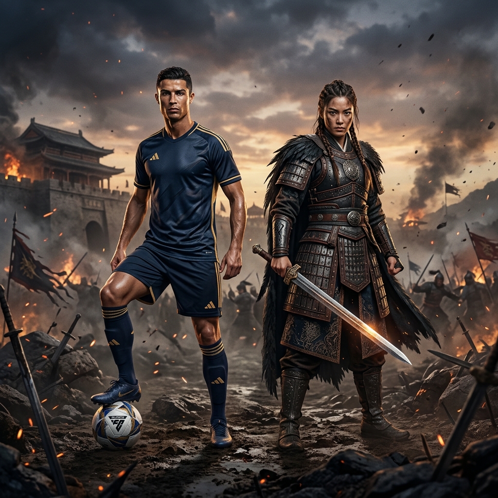 Imagem de um jogador de futebol virtual de EA Sports FC 26 e uma guerreira de Wuchang: Fallen Feathers, representando os jogos do PS Plus de maio de 2026.