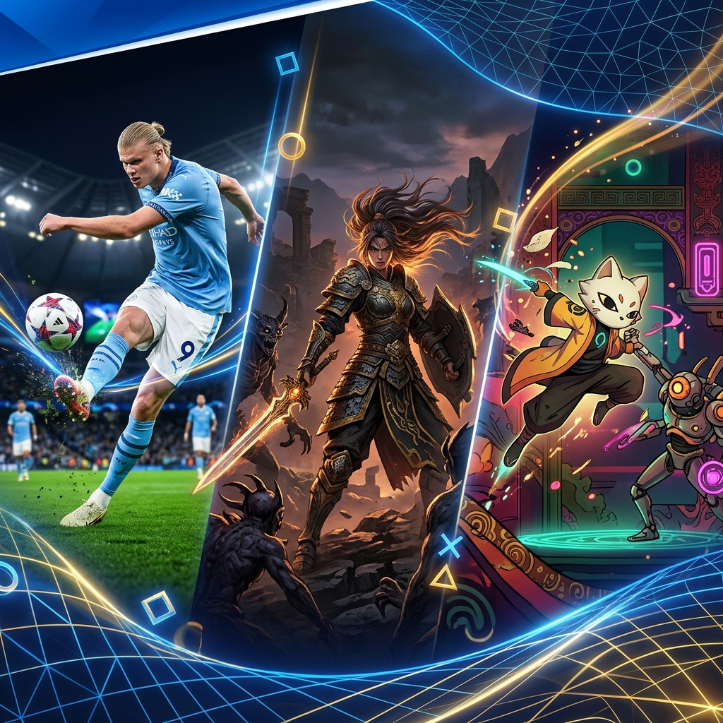 Imagem de um jogador de futebol virtual de EA Sports FC 26 e uma guerreira de Wuchang: Fallen Feathers, representando os jogos do PS Plus de maio de 2026.