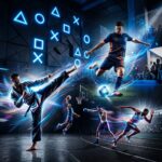Uma imagem dinamica mostrando elementos visuais dos jogos EA Sports FC 26, Wuchang: Fallen Feathers e Nine Sols, com o logo do PlayStation Plus ao fundo, indicando a disponibilidade dos titulos.